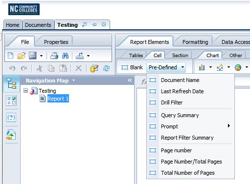 Using Pre-defined objects in your report You can easily add common report elements by using the predefined cells.