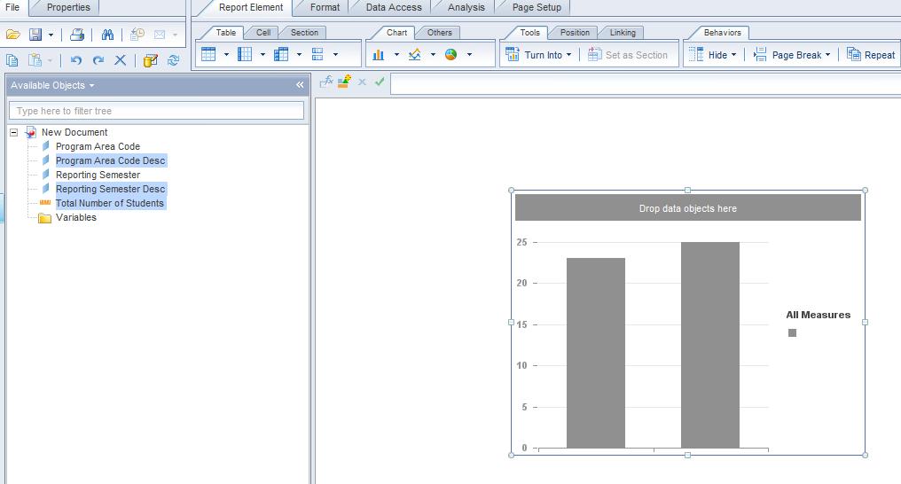 Adding Graphics (Charts) to your reports Now select the objects and measure you want to be displayed in your graph.