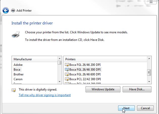 9. When the Additional Port information menu comes up click on the Next button. 10. When the Install print driver menu comes up: Under Manufacturer select Boca.