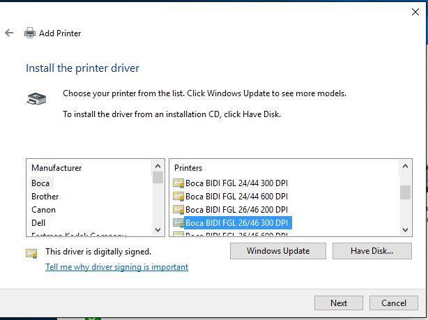 11. When the Install the print driver menu comes up select Boca under and the appropriate driver for your printer. Once done click on the next button. 12. When the below menu comes up click on next.