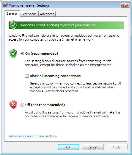 The Windows Firewall Settings window opens. In the space below, state why turning off the Windows Firewall is not advised.