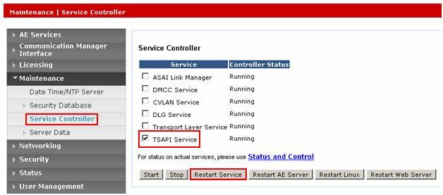 Service Controller screen in the right pane. Check the TSAPI Service box, and click Restart Service.