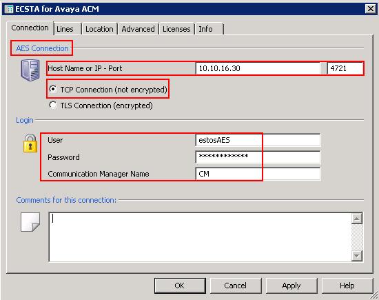 The ECSTA configuration screen will appear, in the AES Connection section configure the Hostname or IP Port with the AES IP Address and the DMCC port configured in Section 6.