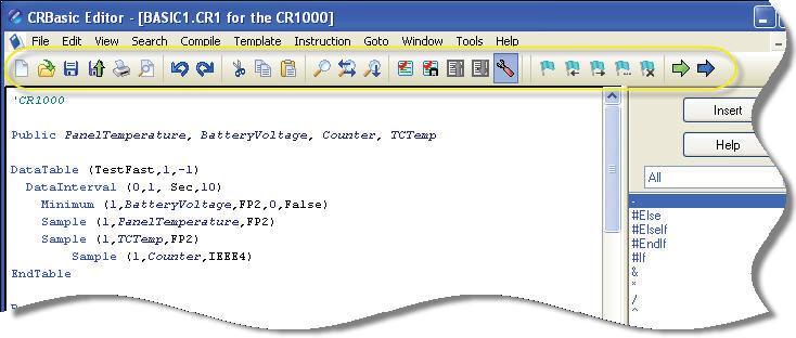 Section 9. Datalogger Program Creation with CRBasic Editor 9.3 Toolbar Insert File: Inserts a library file into the current program overwriting the highlighted text.