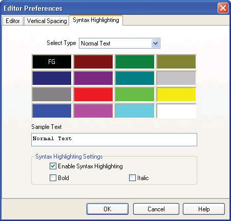 Section 9. Datalogger Program Creation with CRBasic Editor The Syntax Highlighting tab sets up the appearance of different text elements in the program using different font styles and colors.