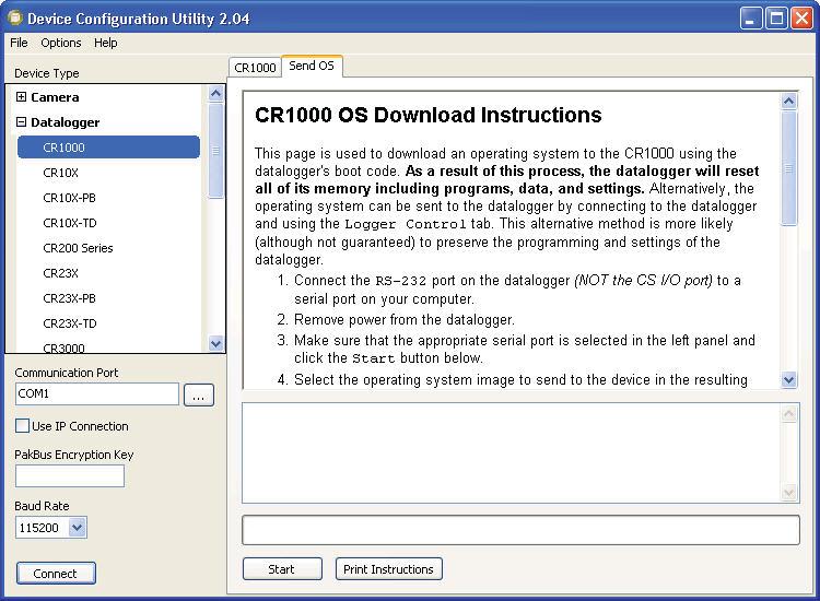 Section 10. Utilities The text at right describes any interface devices or cabling required to connect the PC to the device. Screens for other devices vary only in the text on the right side.
