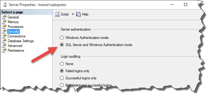 For Server authentication select SQL Server and Windows Authentication Mode.