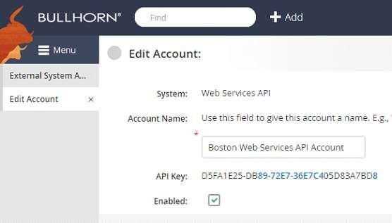 If there is already an Account then select this account to display the Account information from this screen. Copy the API Key from Bullhorn CRM into API Key on the Configuration group.