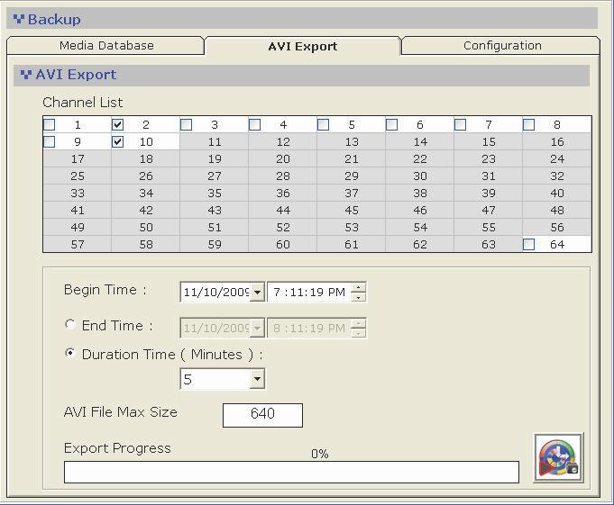 3.7.2 Backup - AVI Export The software provides the function to allow users to backup the recorded file of one or more channels and export them as AVI file format.