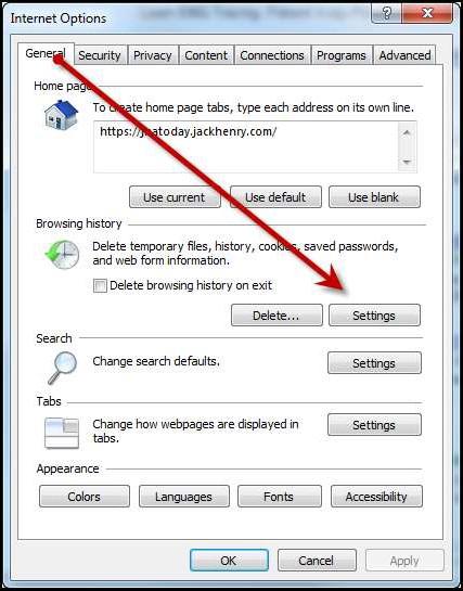 FIGURE 3- SETTINGS OPTION 4. The Temporary Internet Files and History Settings window appears.