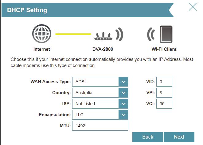 Section 3 - Getting Started Setup Wizard (continued) Configure your Internet connection using the drop-down menus. Select either ADSL or VDSL from WAN Access Type.