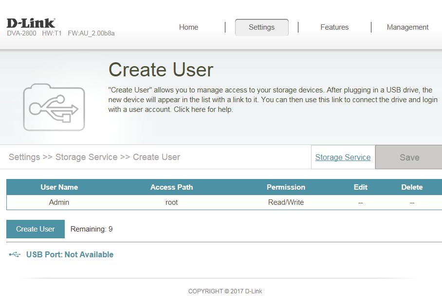 Section 4 - Configuration Create User The Create User page allows you to manage Storage Service user accounts. This page lists active user accounts, their current permissions, and access paths.
