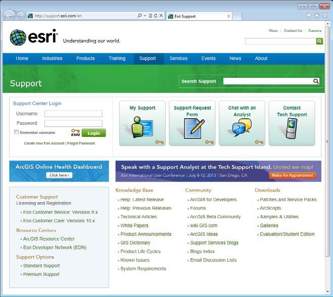 Esri Support Center Online portal to technical information Knowledge Base - Technical articles - White papers Community -