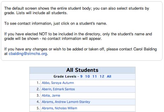 Clicking on a student name will display various pieces of information that may include parent/ guardian names,