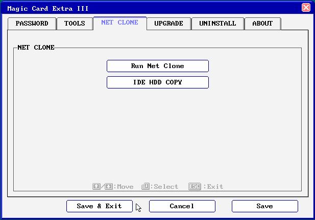 4.2.4 FDISK 5.1 Net Clone running steps To change the partition size requires you to use FDISK again in Tools menu. All data in hard disk will be destroyed if FDISK is used. 5. Net Clone Net Clone allows you to maintain 200 PCs at the same time.