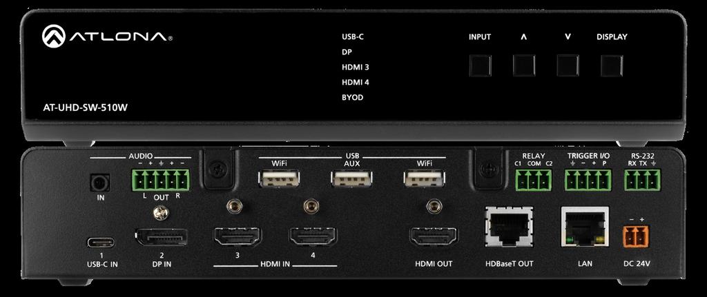 4K/UHD Five-Input Universal Switcher with Wireless Presentation Link Installation Guide The Atlona is a 5 1 multi-format switcher with wireless presentation capability.