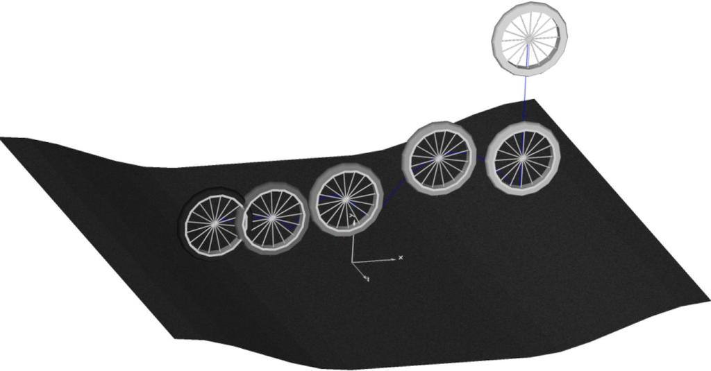 An impulse in the driving torque makes the vehiclemodel slide after a certain simulation time, with the Figure 17: Two similar bicycles with non-slipping tires differing in their geometric properties.