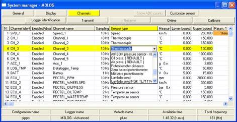 In its main window, shown below, choose your data logger: M3 LOG and press System manager button Now follow these five configuration steps: 1) Set the input channels Press Channels button to set the
