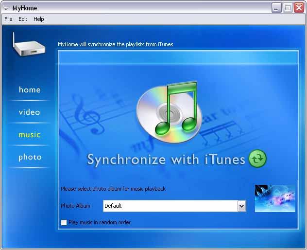 4. Instead of the music playlist, MyHome will now show the itunes logo. The content will be synchronised with your itunes library and you will be able to see the files on your TV. 5.