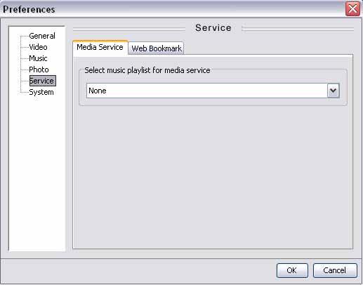 Service Settings for additional media services and synchronisation with bookmarks from popular web browsers.
