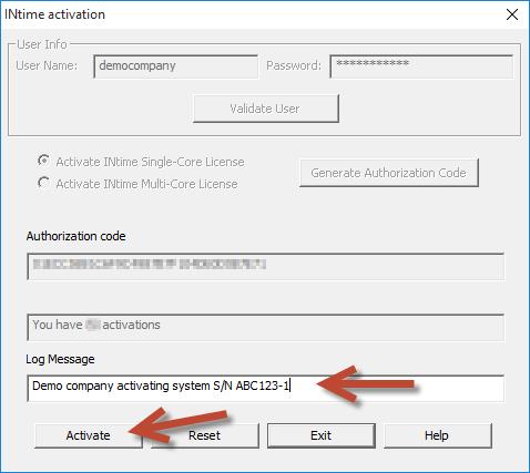 Figure 1.6 Authorization code generated - Log Message entered Generate the license file To start the license generation process, click on the Activate button. Figure 1.