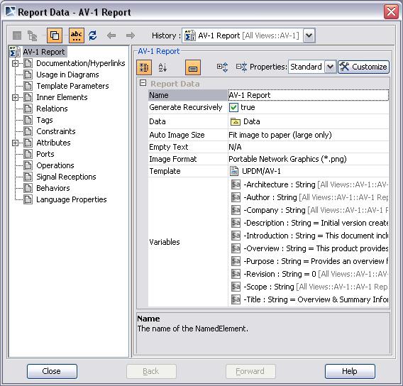 USING UPDM Generic Procedures To edit a report property, open the Report Data element specification.