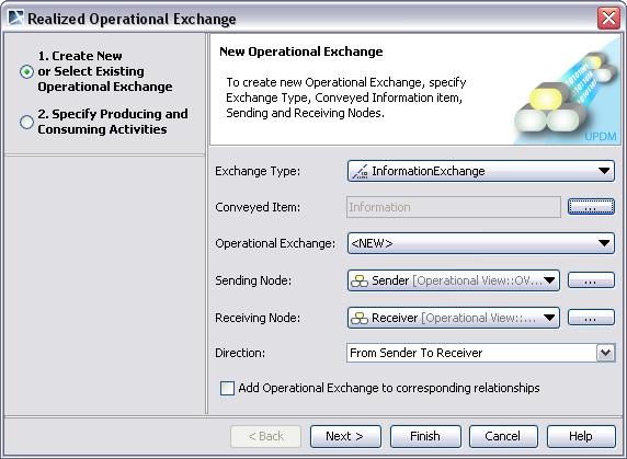 USING UPDM Tutorials You have just created the second information exchange in the model. Figure 115 -- New Operational Exchange creation wizard.