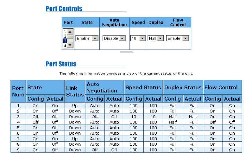 5-4-4. Port Controls The menu allows changing of port configurations. State: User can disable or enable this port. If disabled, there is no network communication through this port.