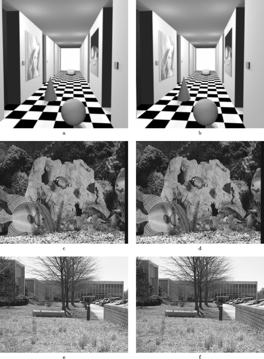 Fig. 1 Original images of the (a) and (b) Room, (c) and (d) Aqua, and (e) and (f) Outdoors stereo pairs. The outline of the paper is as follows. Section 2 gives an overview of stereo image coding.