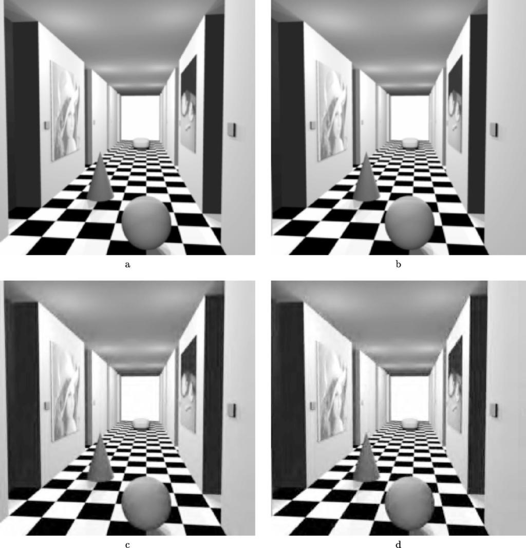 Fig. 9 (a) and (b) Original Room image pair and (c) and (d) mixed transform compressed version of the Room image at 0.5 bpp.