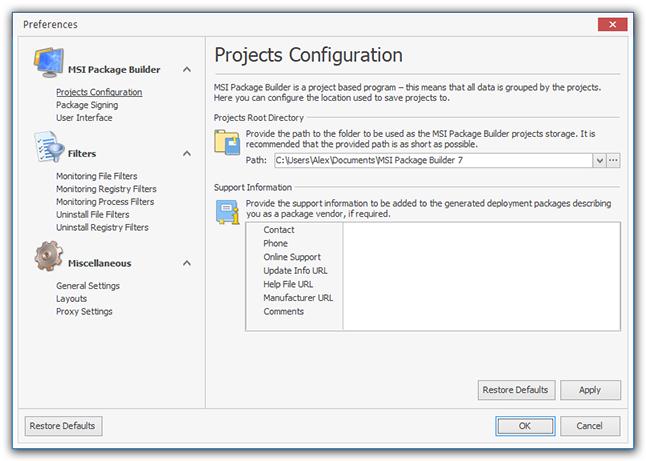 Program Preferences Projects Configuration Page MSI Package Builder is a project based program this means that all data is grouped by projects. Each project contains one or several packages.