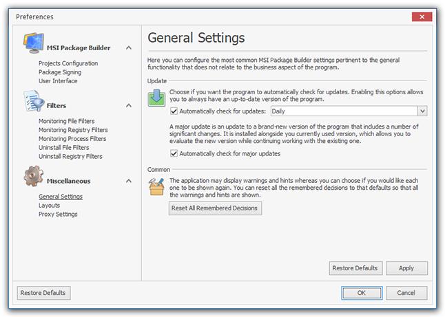 Program Preferences Miscellaneous Part The Miscellaneous part of the program preferences should be used to configure the common MSI Package Builder options, such as automatic update settings, layouts