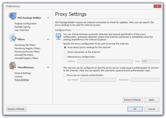 Program Preferences Proxy Settings Page MSI Package Builder requires an Internet connection to support the Live Update and Feedback features.