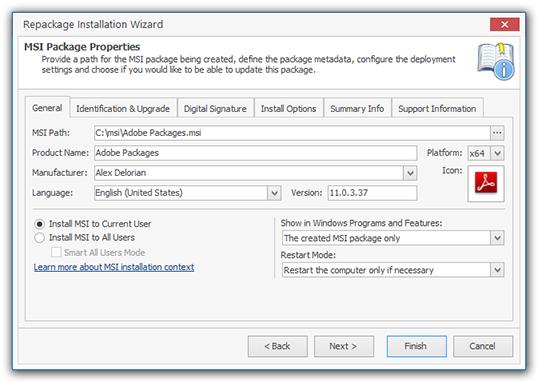 Installations Repackaging Pic 1. Configuring MSI package The next step is to provide a path to save a resulting MSI package to and configure the package.