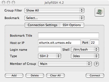 4. 5. Select SSH2 from the Protocol (SecureCRT) or Type (JellyfiSSH) drop-down menu. In the Hostname (SecureCRT) or Host or IP (JellyfiSSH) field, enter webadmin.oit.umass.edu.