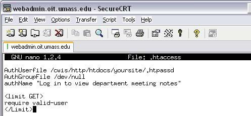 5 Create the.htaccess File Using NANO Inside the directory you wish to protect, you need to create a file called.htaccess. You can do this using NANO, a text editor available on OIT s Web hosting server.