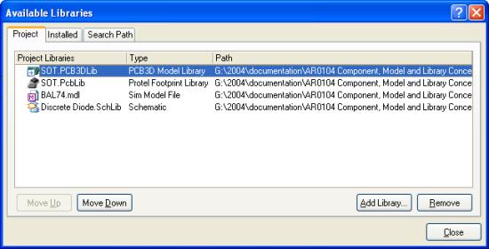 Figure 13. For all models not tied to an integrated library, the search order proceeds from left to right through the tabs of the Available Libraries dialog (Project, Installed, and Search Path).