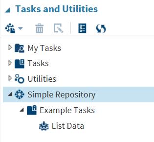 Creating Global Repositories 5 In this example, the Simple Repository contains one task and one snippet. To view the task, open the Tasks and Utilities section in the navigation pane.