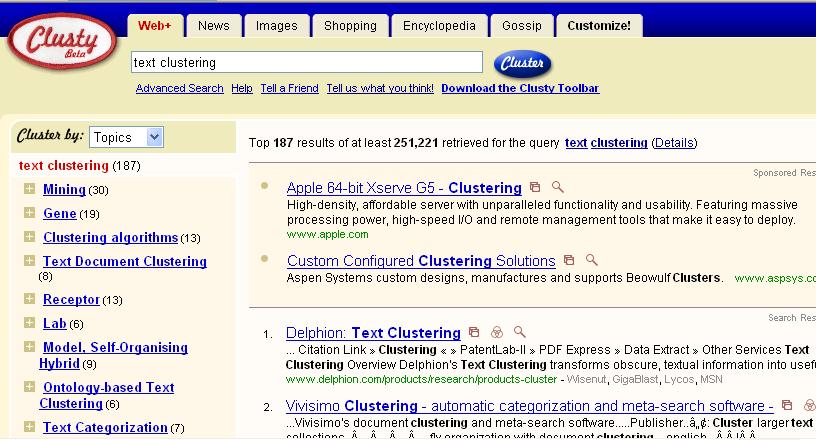 Clustering: Navigation of search results For