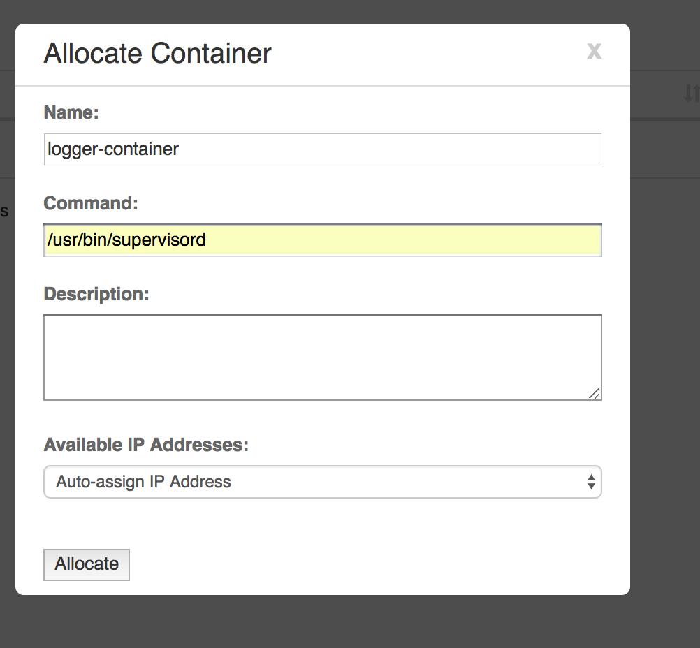 Launching a VNS3_Base Container After selecting Allocate from the Actions menu you then name your container, provide a description and the command used to execute the container.
