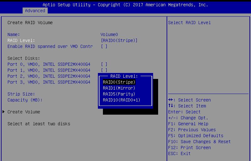 4.4.1 Creating a RAID set To create a RAID set: 1. From the Intel Virtual Raid on CPU menu, select Create RAID Volume and press <Enter>. The following screen appears: 2.