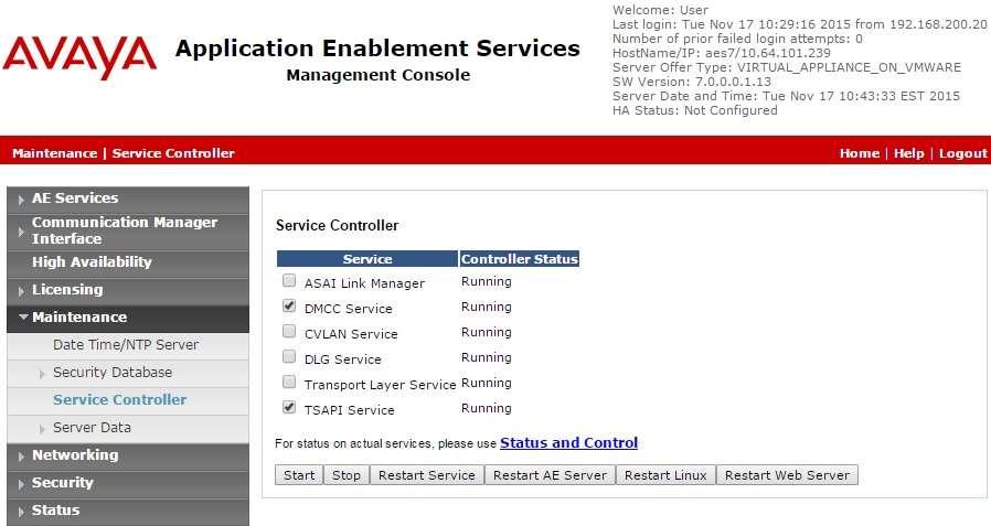 6.7. Restart Services Select Maintenance Service Controller from the left pane, to display the Service