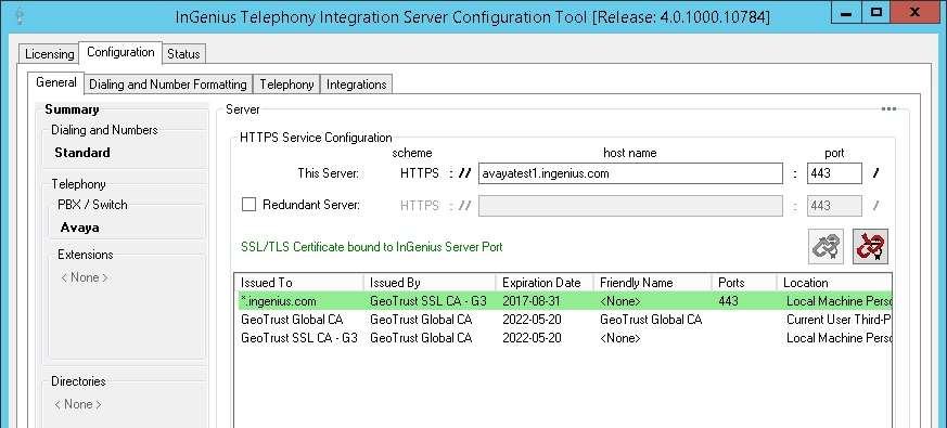 The InGenius Telephony Integration Server Configuration Tool screen is displayed.