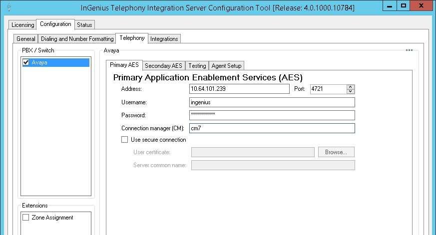 7.3. Administer Telephony The InGenius Telephony Integration Server Configuration Tool screen is displayed again.
