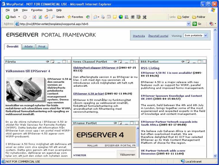 6 EPiServer Portals The image below displays the information that a typical portal based on EPiServer Portal Framework could contain.