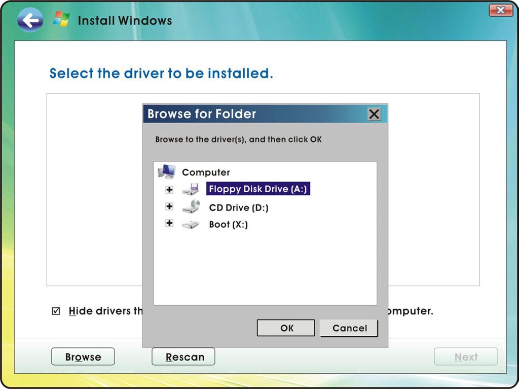 3. Select the media which includes the RAID Drivers. 4. The example here is floppy disk drive.