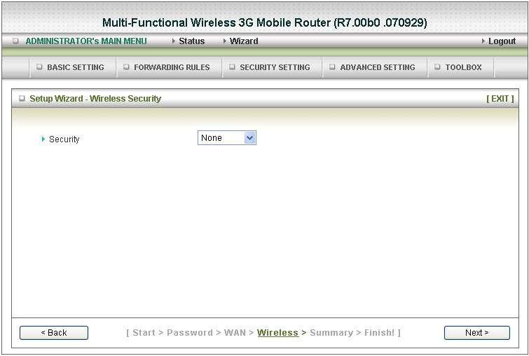 Step 5: Select the Wireless security method of