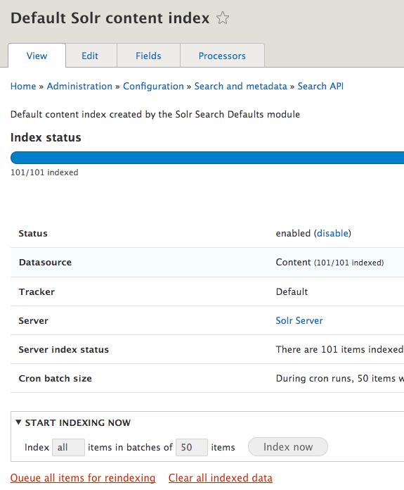 Verify search index is working Once fields and processors are setup, going back to the View tab, will show the status of the index, and at this point, the content is
