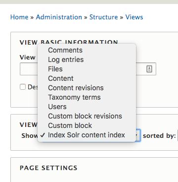 Create a Faceted Solr Search page Final step is to create a search page. This is done by creating a View and create a Page.