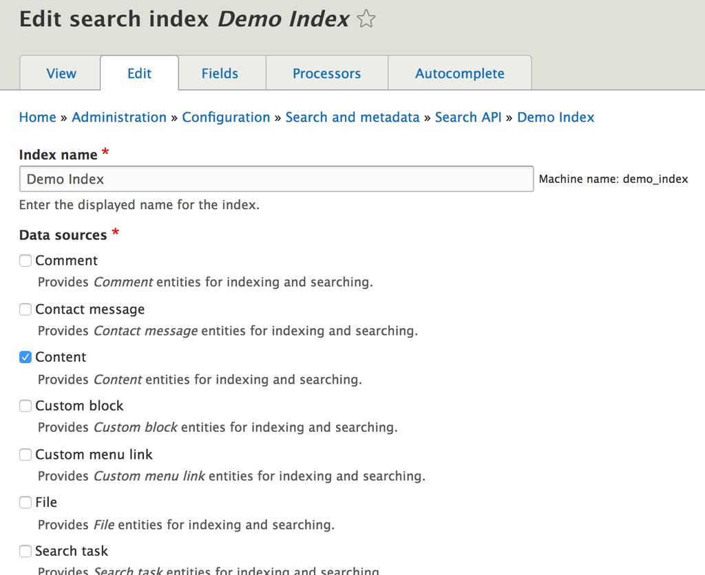 Add search index (same as Solr) Go to Configuration > Search and metadata > Search API.